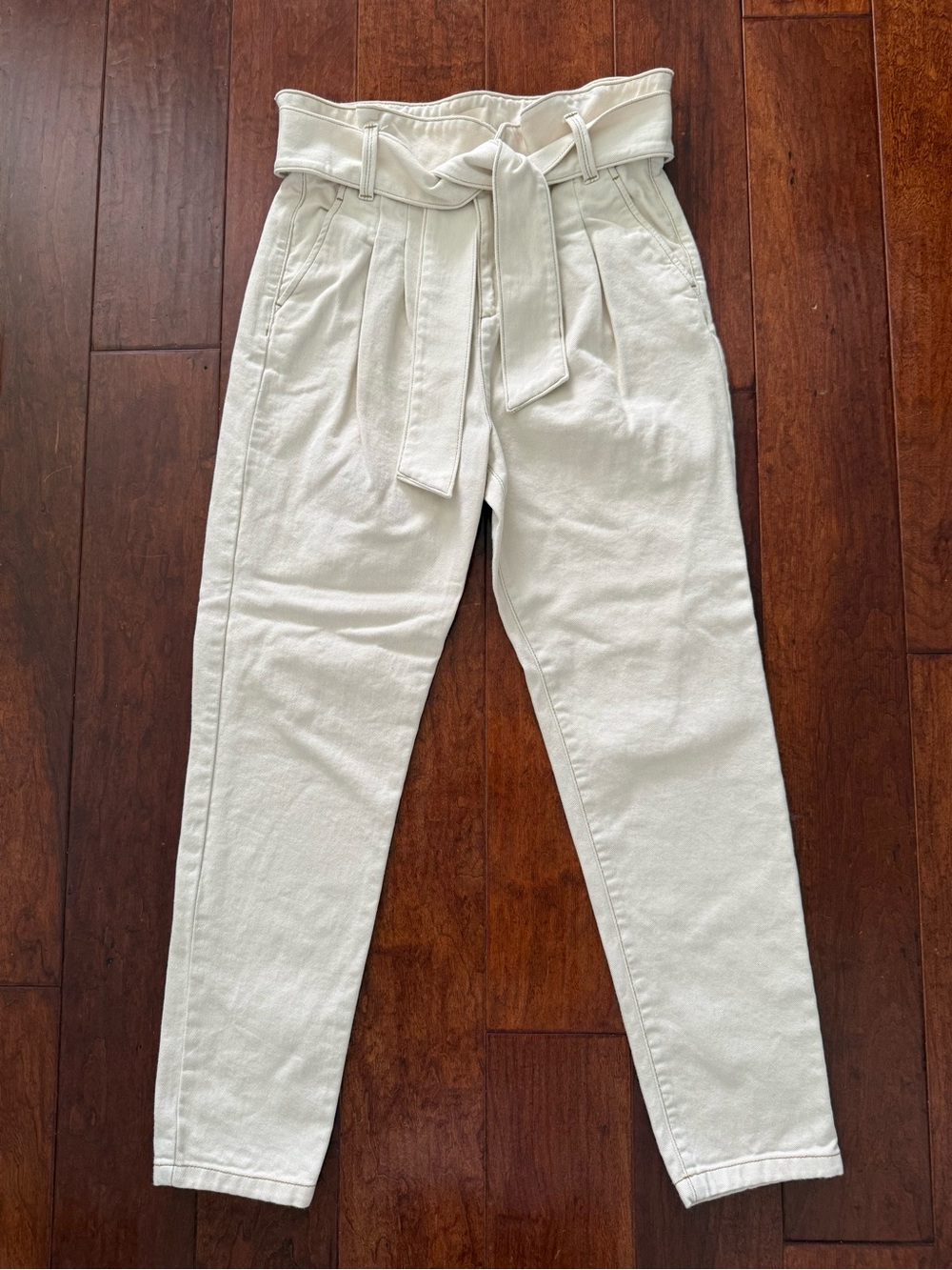 Sezane Cream High-Waist Paperbag Trousers with Self-Tie Belt